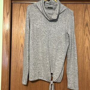 Gray cowl neck sweater with loose tie at waist